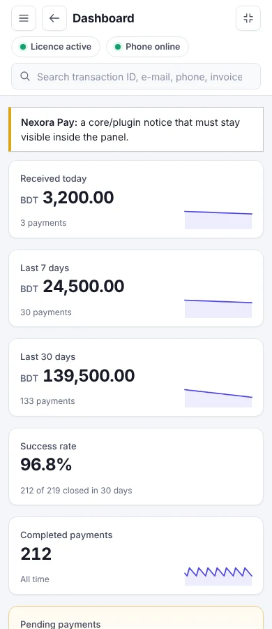 Nexora Pay dashboard on a phone